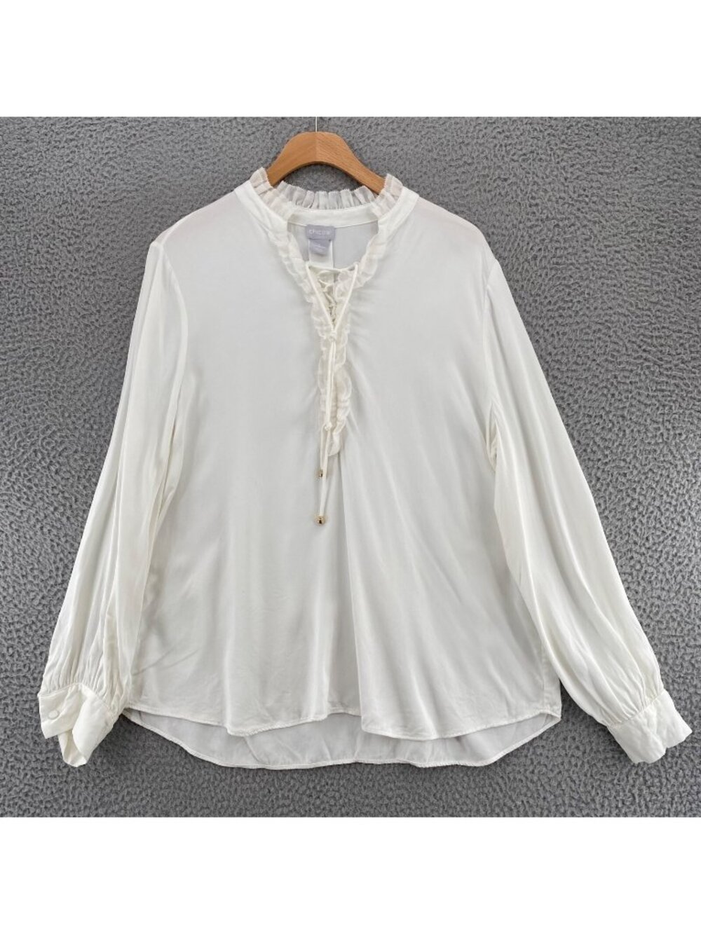 Chicos Top Womens 2 US Large White Sandwashed Satin Ruffle Blouse Long Sleeves